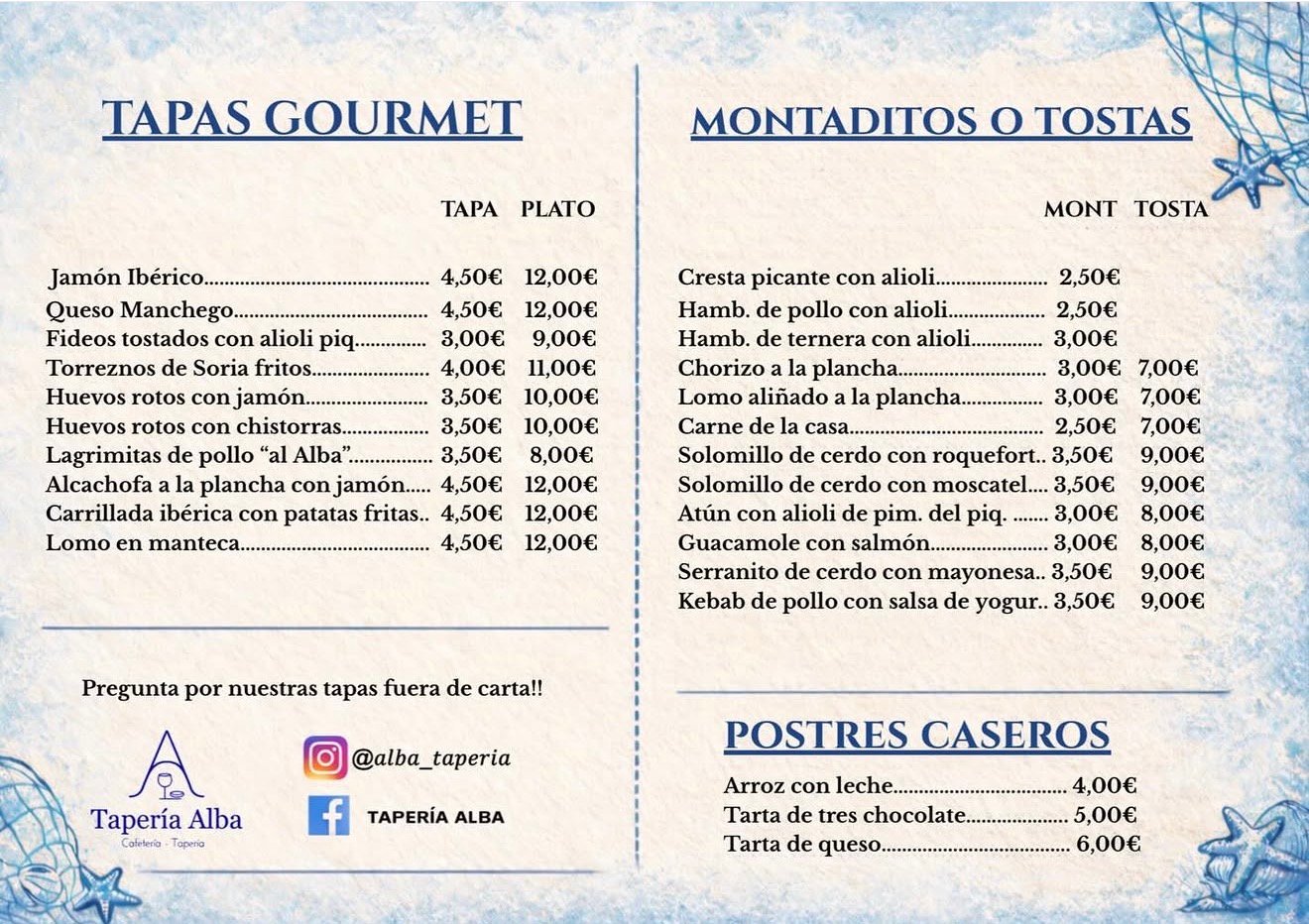 Carta de Tapería Alba